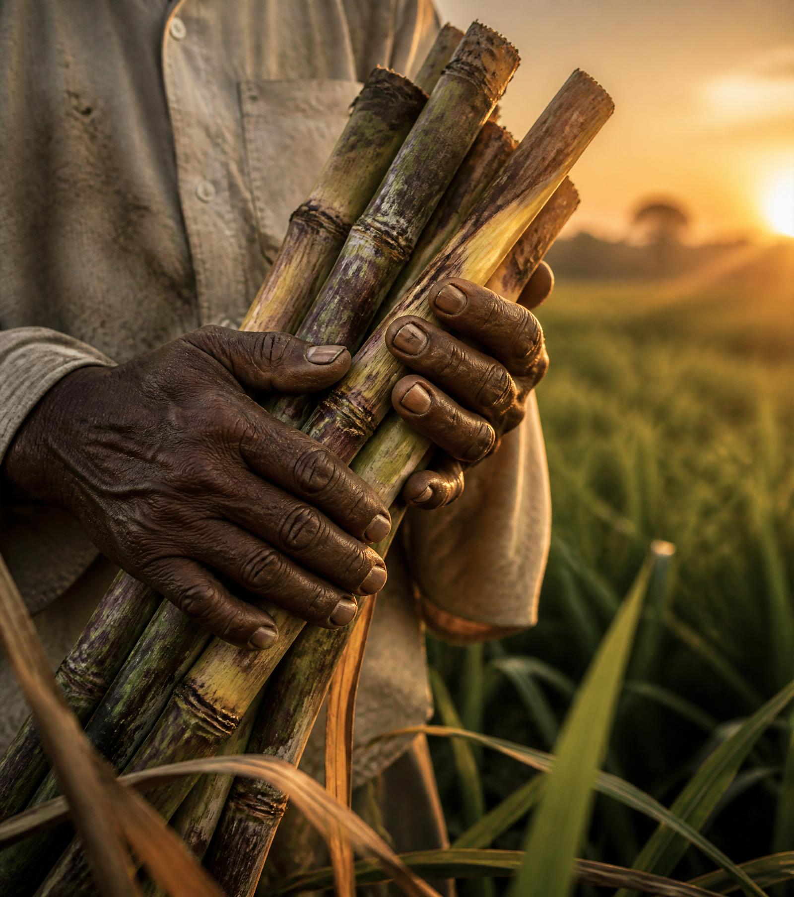 Farmer hands cradling sugarcane at golden hour